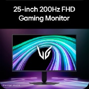 Vista frontal de un monitor de juegos mostrado en un entorno futurista con estilo neón.